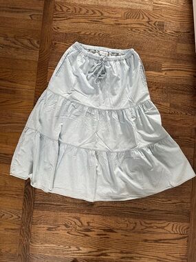 Velvet Light Blue Tiered Maxi Skirt with Drawstring